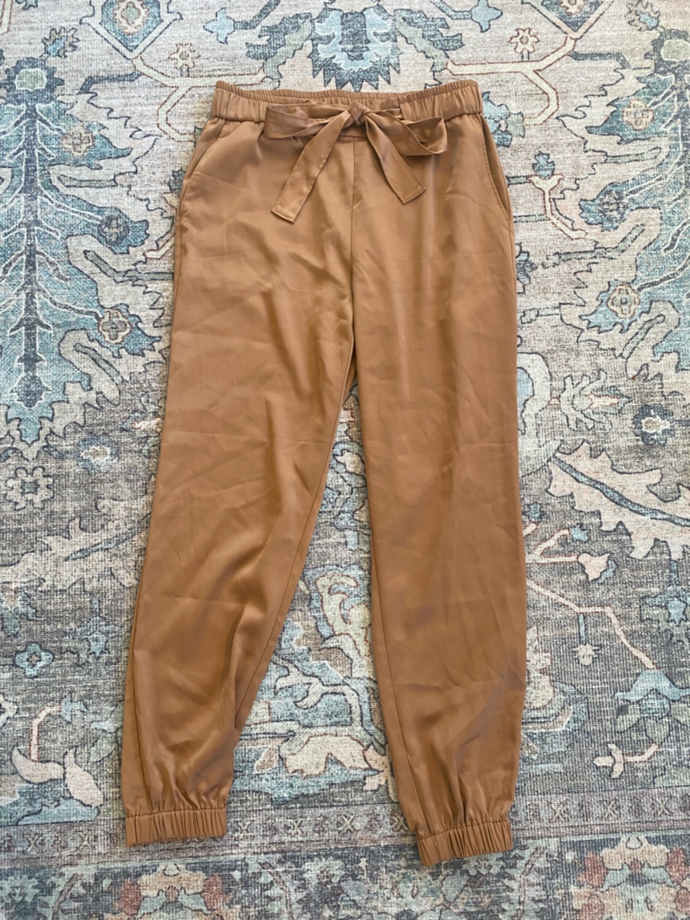 Rachel Zoe Satin Camel Brown Drawstring Joggers Luxe Lounge Pants